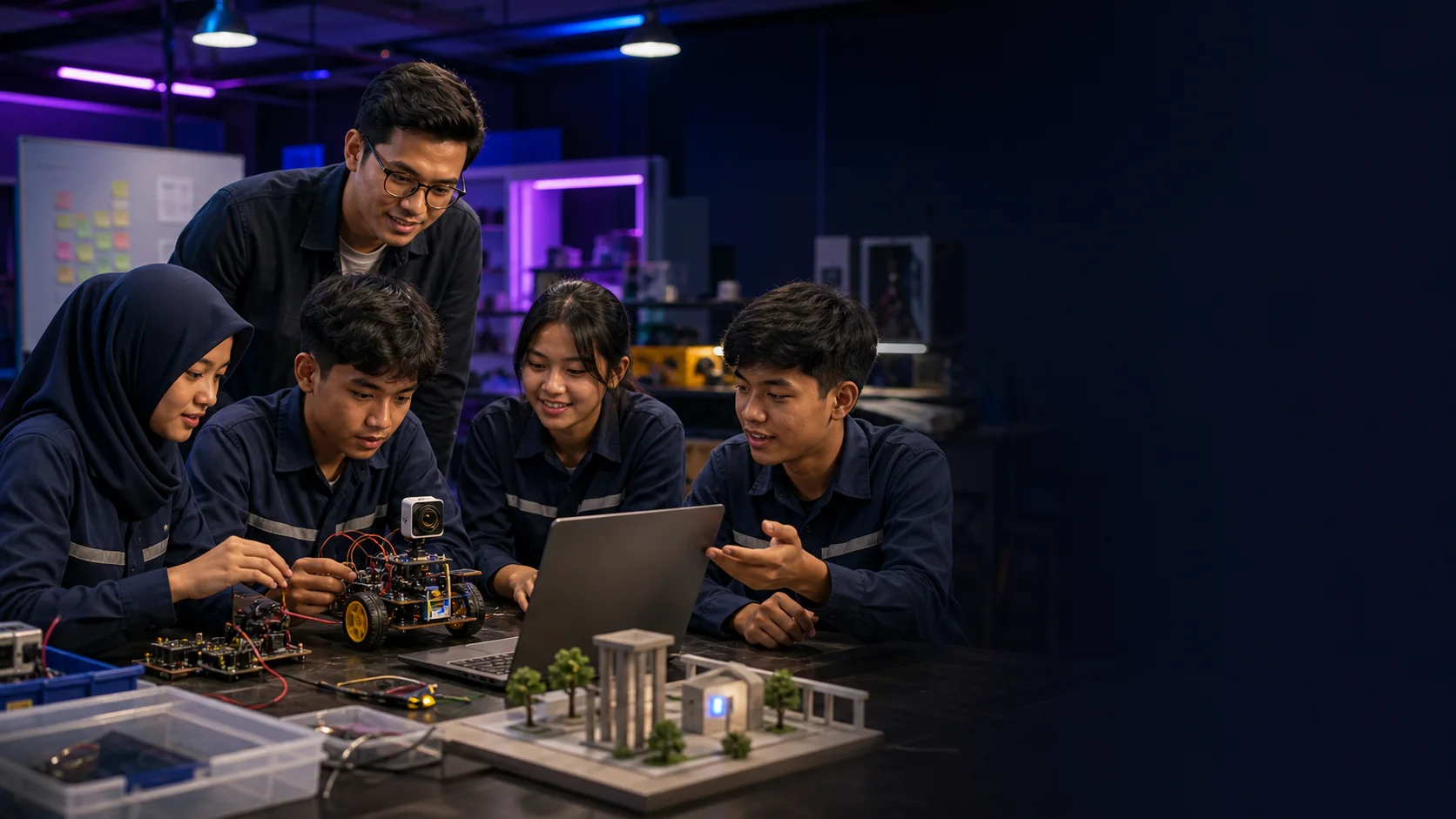 Siswa dan mentor mengerjakan proyek kecerdasan buatan di laboratorium