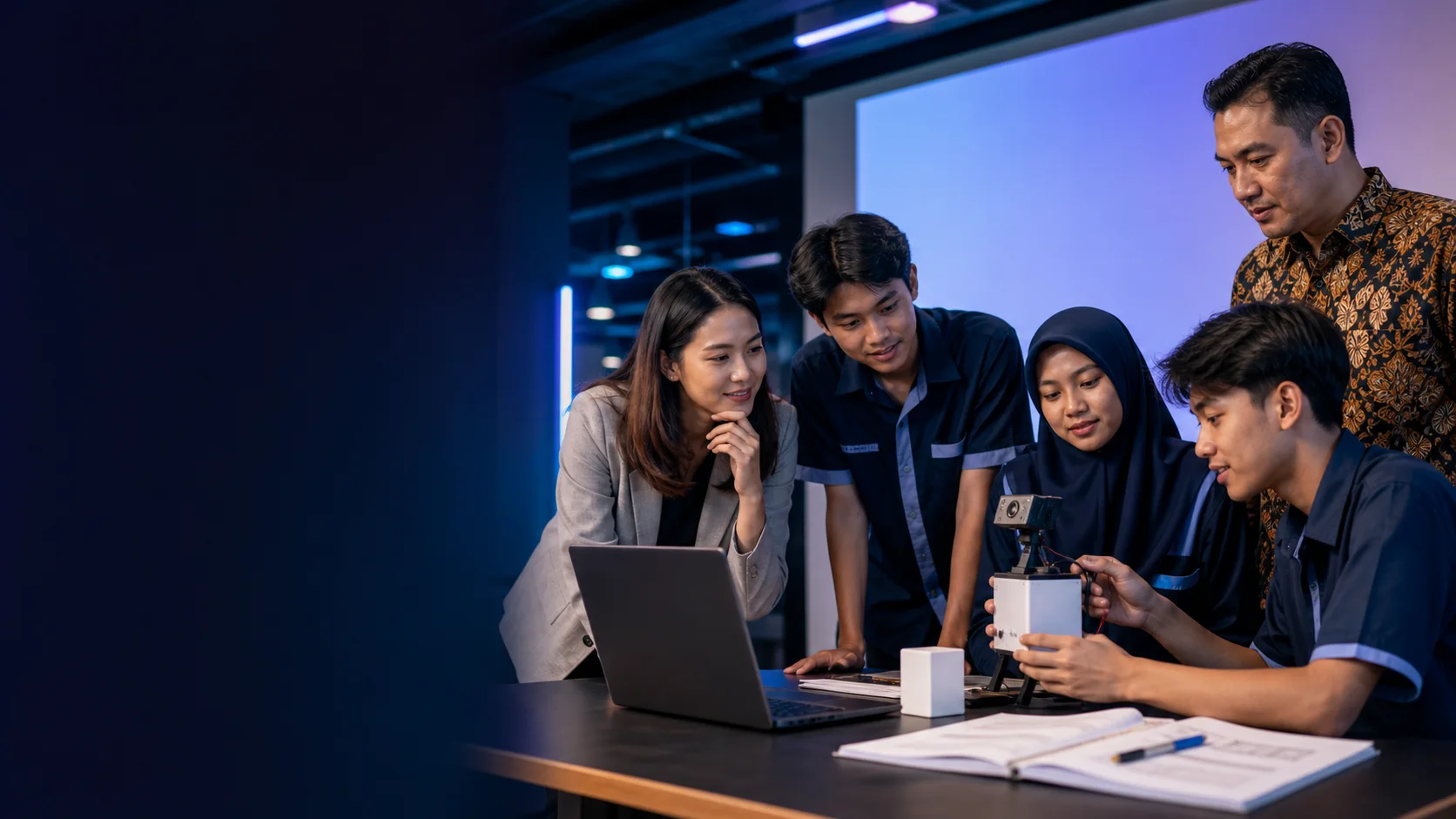 Guru dan siswa mendampingi pengembangan proyek teknologi di laboratorium